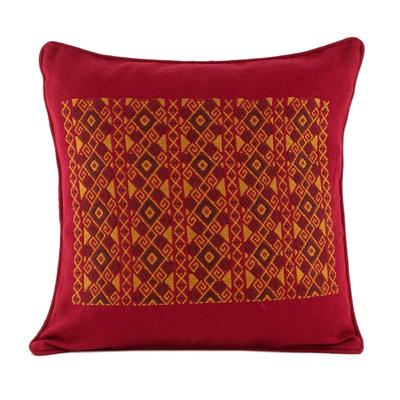 Mayan Rhombi,'Geometric Motif Cotton Cushion Cover in Red from Guatemala'