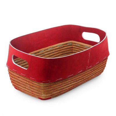 Leather and pine needle basket, 'Chili Pepper Red'