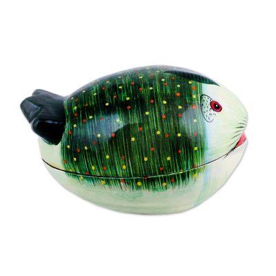 Green Fish,'Hand-Painted Papier Mache Fish Decorative Box from India'