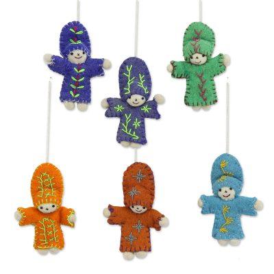 Dancing Dolls,'Six Colorful Wool Doll Ornaments from India'