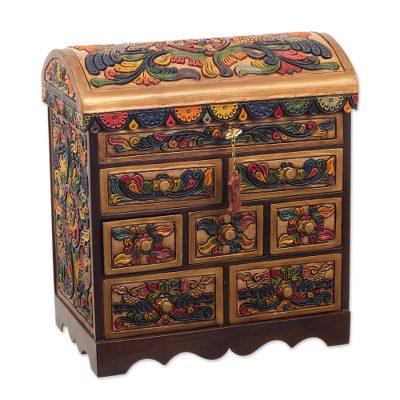 Shimmering Eagle,'Painted Cedar Wood and Leather Jewelry Box from Peru'