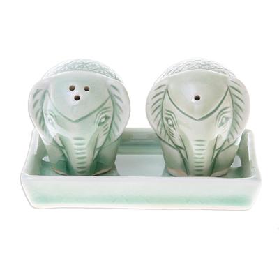 'Elephant-Themed Celadon Ceramic Salt and Pepper Shaker Set'