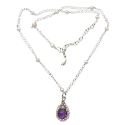 Wreathed Beauty,'Amethyst and Cultured Pearl Pendant Necklace from Bali'