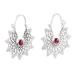 Floral Wheel,'Sterling Silver Hoop Earrings with Garnets and Jali Accents'