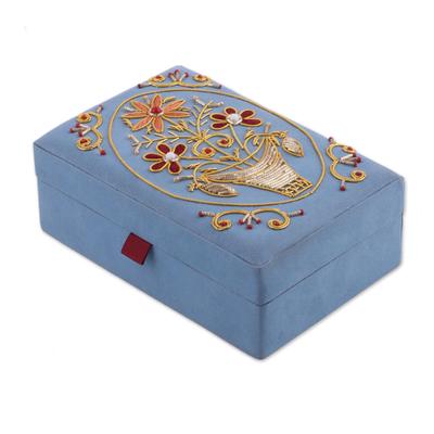 Golden Floral Dance,'Floral Embroidered Jewelry Box in Sky Blue from India'