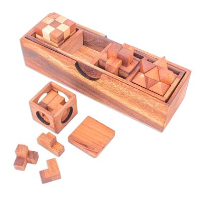 Rainy Afternoon,'Hand Carved Raintree Wood Puzzles (Set of 4)'