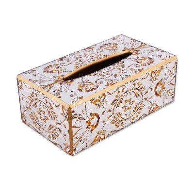 Angelic Gold,'Reverse Painted Glass Floral Tissue Box Cover from Peru'