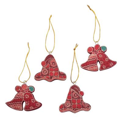 Java Jingle,'Batik Wadang Wood Bell Ornaments (Set of 4) from Java'