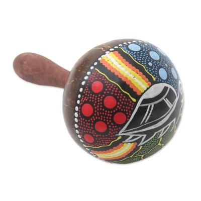 'Turtle-Theme Mahogany and Coconut Shell Maraca from Bali'