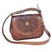 Caramel Mandala,'Leather Shoulder Bag with Mandala Design and Quartz'