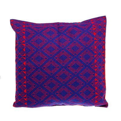 Red with Blue,'Red and Blue Brocade Cotton Cushion Cover from Mexico'