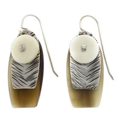 Sterling silver and cow horn dangle earrings, 'Seagull'