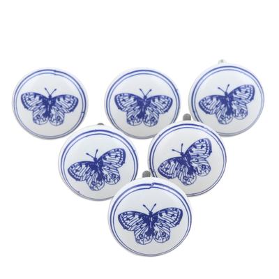 'Set of 6 Butterfly-Themed Handcrafted Ceramic Knobs in Blue'