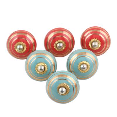 Hot and Cold,'Hand-Painted Ceramic Knobs from India (Set of 6)'