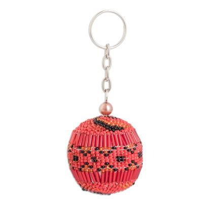 Red Sphere,'Handmade Beaded Keychain and Bag Charm in Red and Black'