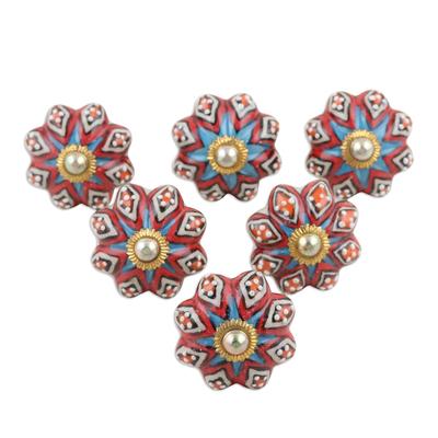 Floral Ballad,'Ceramic Knobs with Floral Motif from India (Set of 6)'