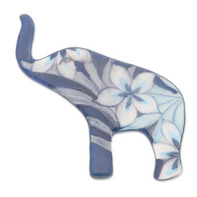 Blue Floral Elephant,'Hand Painted Blue Elephant B...