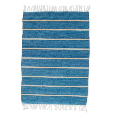 Azure Stripes,'Azure and Linen Striped Wool Area Rug (2.5x5) from Mexico'