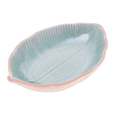 Thai Leaf,'Leaf-Shaped Celadon Ceramic Serving Bowl from Thailand'