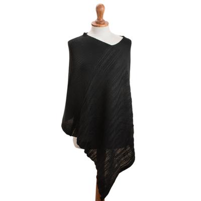 Black Glam,'Knit Alpaca Blend Poncho in Black from Peru'