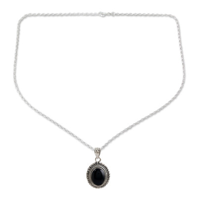 Protective Allure,'Onyx Cabochon and Sterling Silver Pendant Necklace'