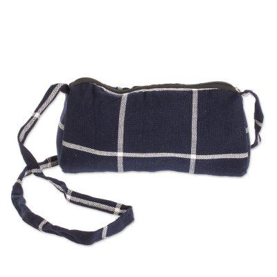 Navy To Go,'Navy Blue and White Cotton Plaid Cross Body Sling Bag'