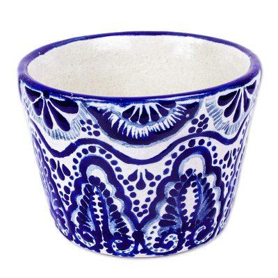 Cobalt Plume,'Handmade Talavera-Style Flower Pot'