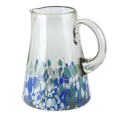 Blown Azure,'Hand Blown Glass Pitcher with Blue an...