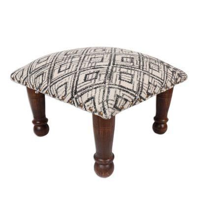 Diamond Illusion,'Artisan Crafted Cotton and Acacia Wood Foot Stool'