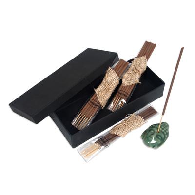 'Buddha-Themed Green Ceramic Incense Set with 18 Sticks'