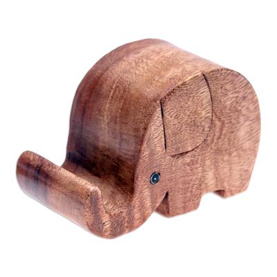 Helpful Trunk,'Hand-Carved Elephant-Themed Raintree Wood Phone Holder'