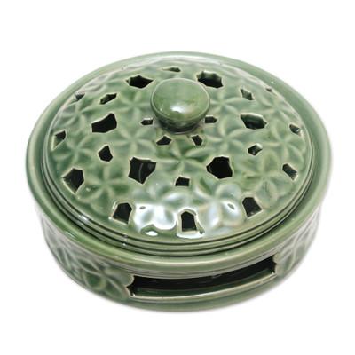 Plumeria Blooms in Green,'Balinese Handmade Green Porcelain Mosquito Coil Holder'