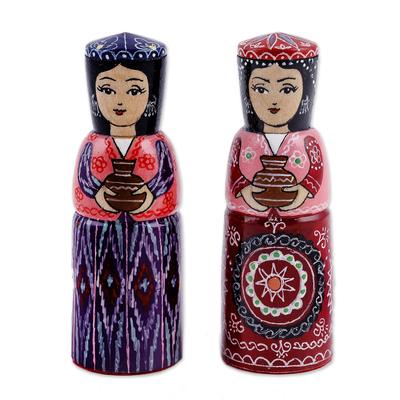 Dushanbe Dames,'Set of Two Blue and Red Wood Figur...