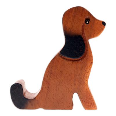 'Hand-Carved Brown and Black Dog Raintree Wood Phone Holder'