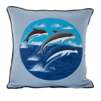 'Polyester Blue Cushion Cover with Hand-Painted Dolphins'
