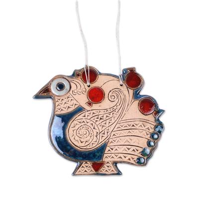 'Peacock and Pomegranate-Themed Blue and Red Ceramic Ornament'