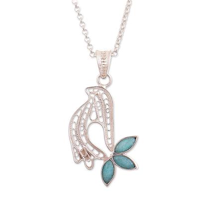 Peace in Flight,'Sterling Silver Filigree Dove Necklace with Amazonite Gem'