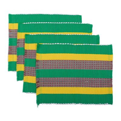 Viridian Gathering,'Set of 4 Handwoven Striped Viridian Cotton Blend Placemats'