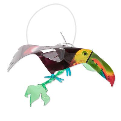 'Hand-Painted Recycled Plastic Mobile of a Colorful Toucan'