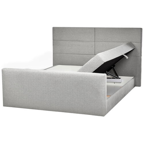 Boxspringbett Grau Stoffbezug 180 x 200 cm mit Bettkasten Hochklappbar Hohes Kopfteil 2 Bonellfederkernmatratzen Modern Schlafzimmer Möbel