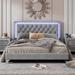 Queen Size Upholstered Bed Frame with LED Lights,Modern Velvet Platform Bed with Crystal Tufted Headboard,Gray