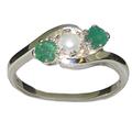 925 Sterling Silver Ring, Cultured Pearl & Emerald Womens Trilogy Ring - Size O