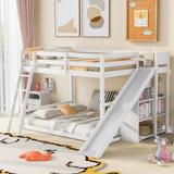 Full Over Full Bunk Bed with Ladder, Wooden Bunk Bed Frame with Slide and Shelves, Low Bunk Bed for Kids Teens Adult, White