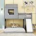 Twin Over Full Bunk Bed w/Playhouse,Slide&Guardrails,Wooden Bunk Bed Frames w/Farmhouse&Ladder,House Shaped Loft Bed Frame, Grey