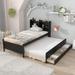 Twin Size Platform Bed Wood Frame Bed with Storage Headboard and Twin Trundle Bed, 2 Storage Drawers Design