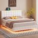 Queen Size PU Leather Upholstered Floating Platform Bed with LED Lights Bed Frame and USB Charging Design