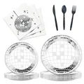 Vaisselle jetable Disco Silver Ball assiettes noires serviette thème Disco adulte décor de fête