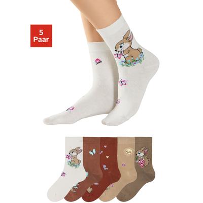 Basicsocken H.I.S, Kinder, Gr. 35-38, braun (1x ecru, 1x rostorange, 1x rostbraun, 1x dunkelbeige, 1x hellbraun), Baumwollmischung, gemustert, elastisch, Socken, mit Hasen Motiven Image