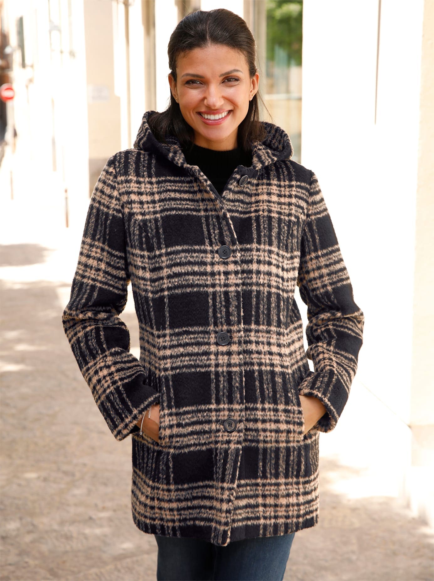 Outdoorjacke CLASSIC BASICS, Damen, Gr. 44, gelb (schwarz, camel, kariert), 70% Polyester, 20% Polyacryl, 4% Baumwolle, 3% Viskose, 3% Polyamid, gemustert, mehrfarbig, Jacken Outdoorjacke