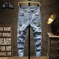 Woovitpl Men's Badge Embroidery Ripped Denim Jeans Trendy Slim Fit Holes Pants Embroidered Trousers Bottoms Jeans Men's Clothing 36